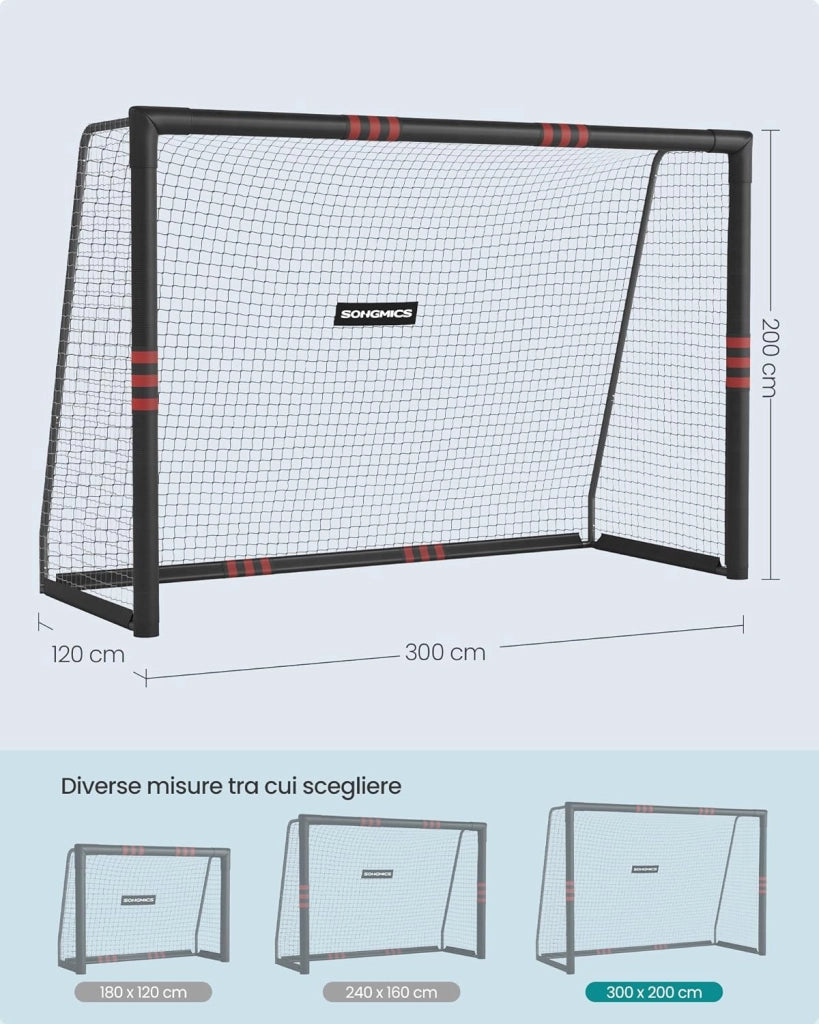 SONGMICS Porta da Calcio, per Tutte le Età, in Acciaio, Rete in PE, per Esterni, Giardino, Spiaggia, 120 x 300 x 200 cm, Rivestita in Gommapiuma, Nero SZQ301RZ02