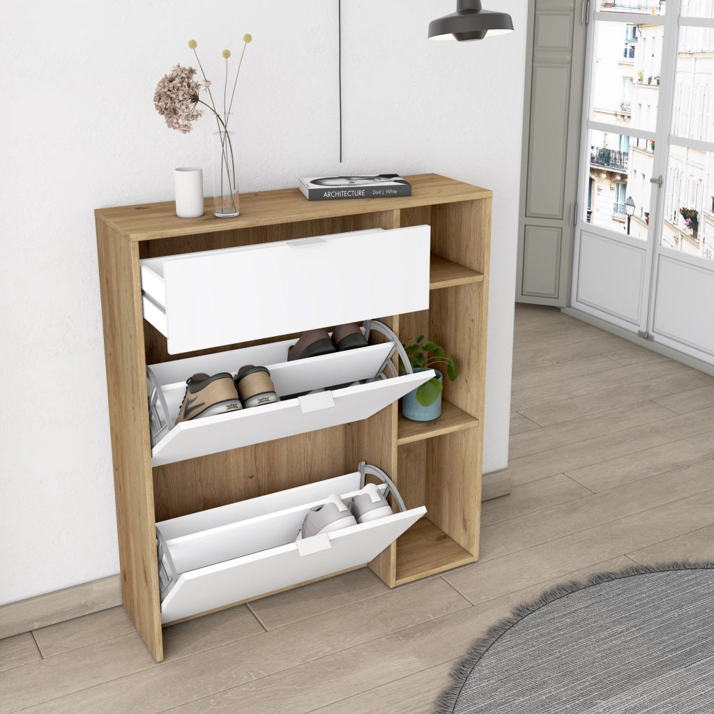 Scarpiera Ingresso, 90x27x102cm, 10 paia di scarpe, Armadio, Rovere e bianco
