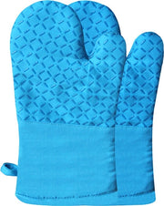 Ovenwanten resistenti al calore, lunghe maniche per forno e pannolabili con strisce di silicone antiscivolo, rivestimento di cotone soffice, silicone per forno per cucinare, cuocere e grigliare - Maniche lunghe blu - 31*18cm