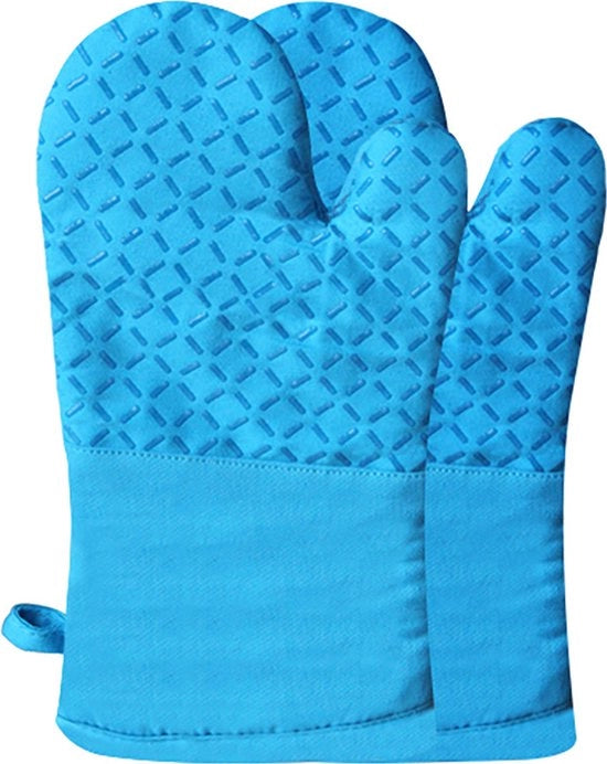 Ovenwanten resistenti al calore, lunghe maniche per forno e pannolabili con strisce di silicone antiscivolo, rivestimento di cotone soffice, silicone per forno per cucinare, cuocere e grigliare - Maniche lunghe blu - 31*18cm