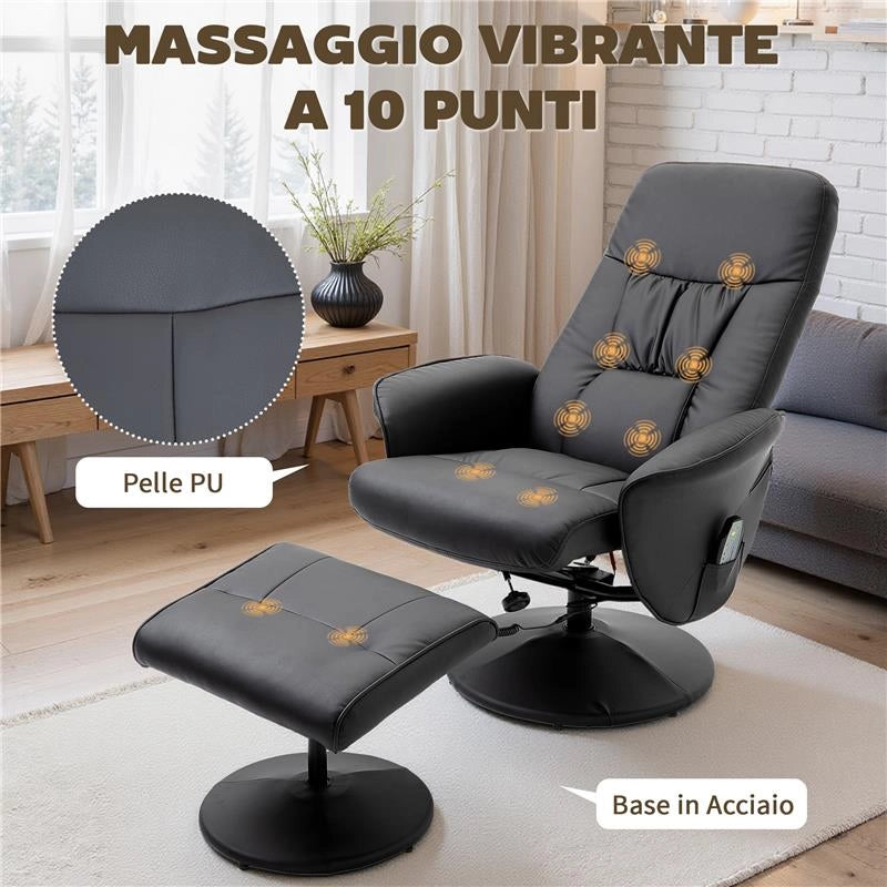 POLTRONA MASSAGGIANTE CON POUF POGGIAPIEDI, RECLINABILE A 145¦ CON SEDUTA GIREVOLE E 10 PUNTI MASSAGGIO, NERO