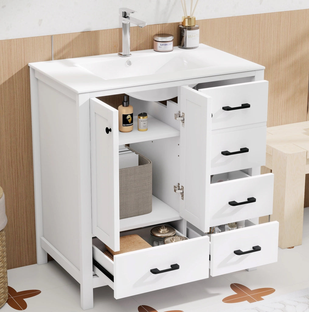 Mobile lavabo da bagno bianco con lavabo in ceramica e ampio spazio contenitivo