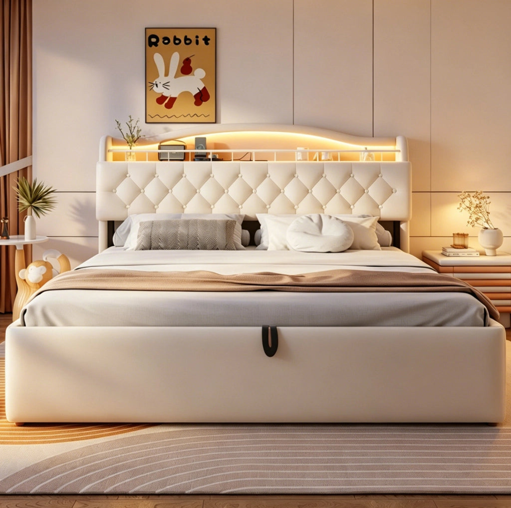 Letto imbottito 180x200 cm con contenitore idraulico; LED; USB e USB-C; beige