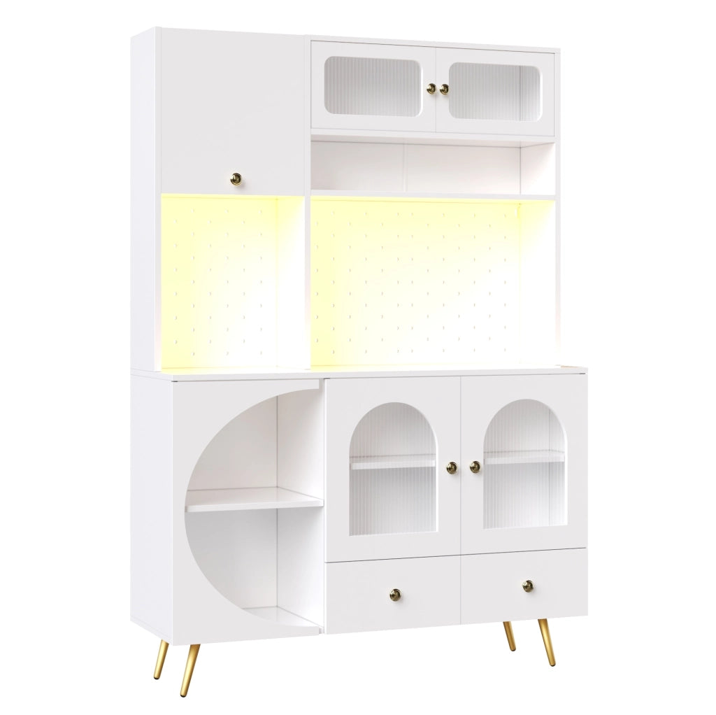 Credenza alta 120x40x176 cm con LED; presa integrata e ripiani in MDF; vetro e metallo bianco