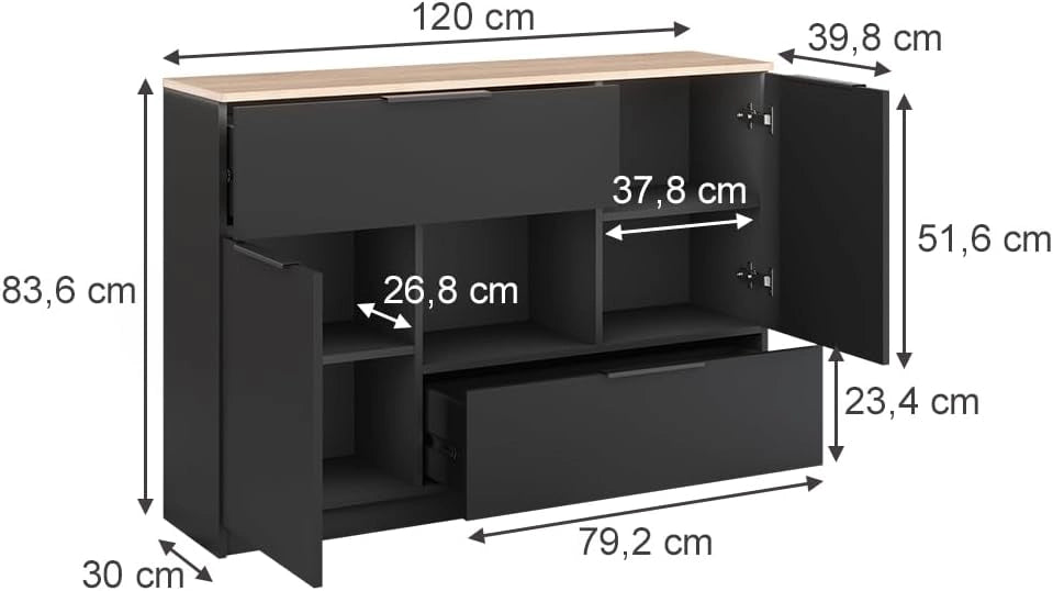 Cassettiera per camera da letto Betti, Antracite/Sonoma, 120 x 83.6 cm 2x porta, 2x cassetto e 1x scomparto aperto, per la conservazione e l'organizzazione di oggetti di uso quotidiano