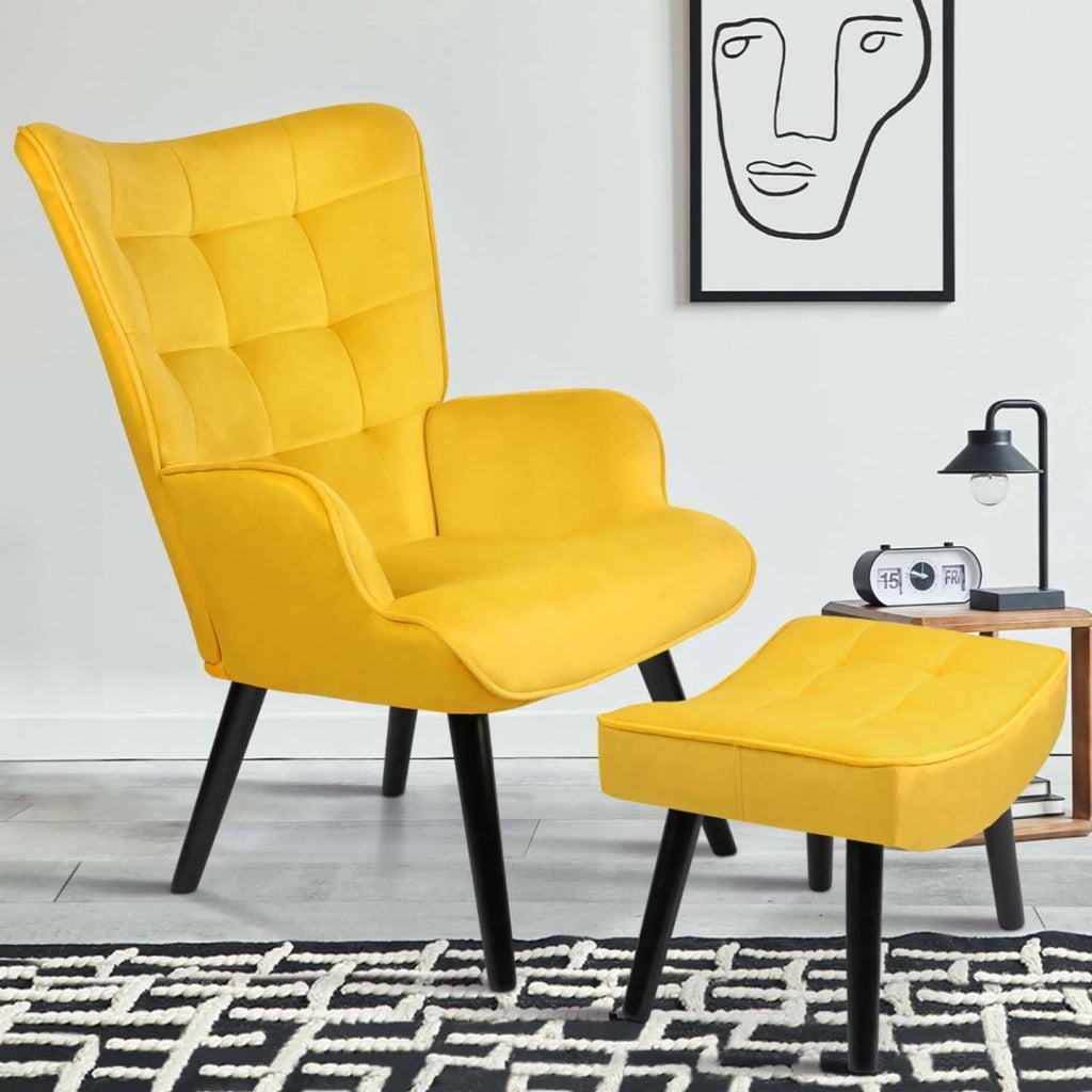 IDMarket - ANIA Poltrona scandinava con poggiapiedi in velluto giallo