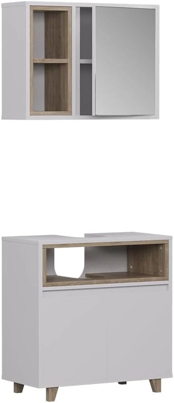 Set di mobili da bagno Elnor, Grigio, 60 cm, composto da mobile sottolavabo, specchiera e colonna alta