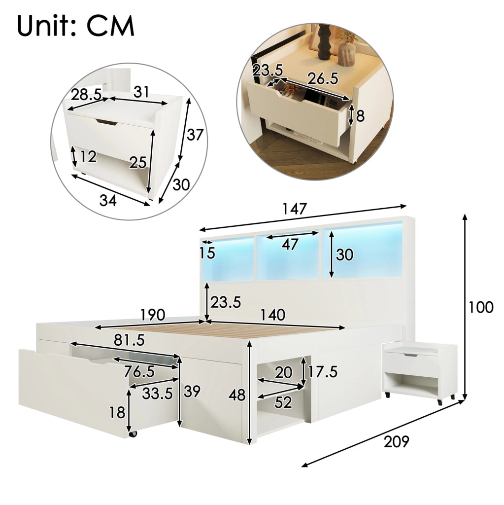 Letto matrimoniale 140x190 cm bianco con comodini mobili, LED, USB-C e cassetto