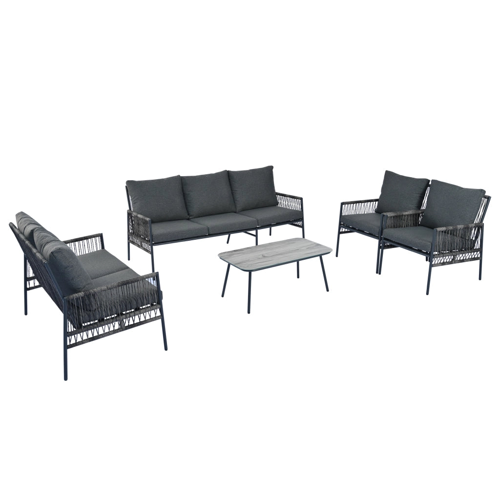 Set Divano da Giardino 7 Posti con Tavolino ¨C MINIMAL ¨C Polyrattan Grigio, Vetro, Cuscini Rimovibili