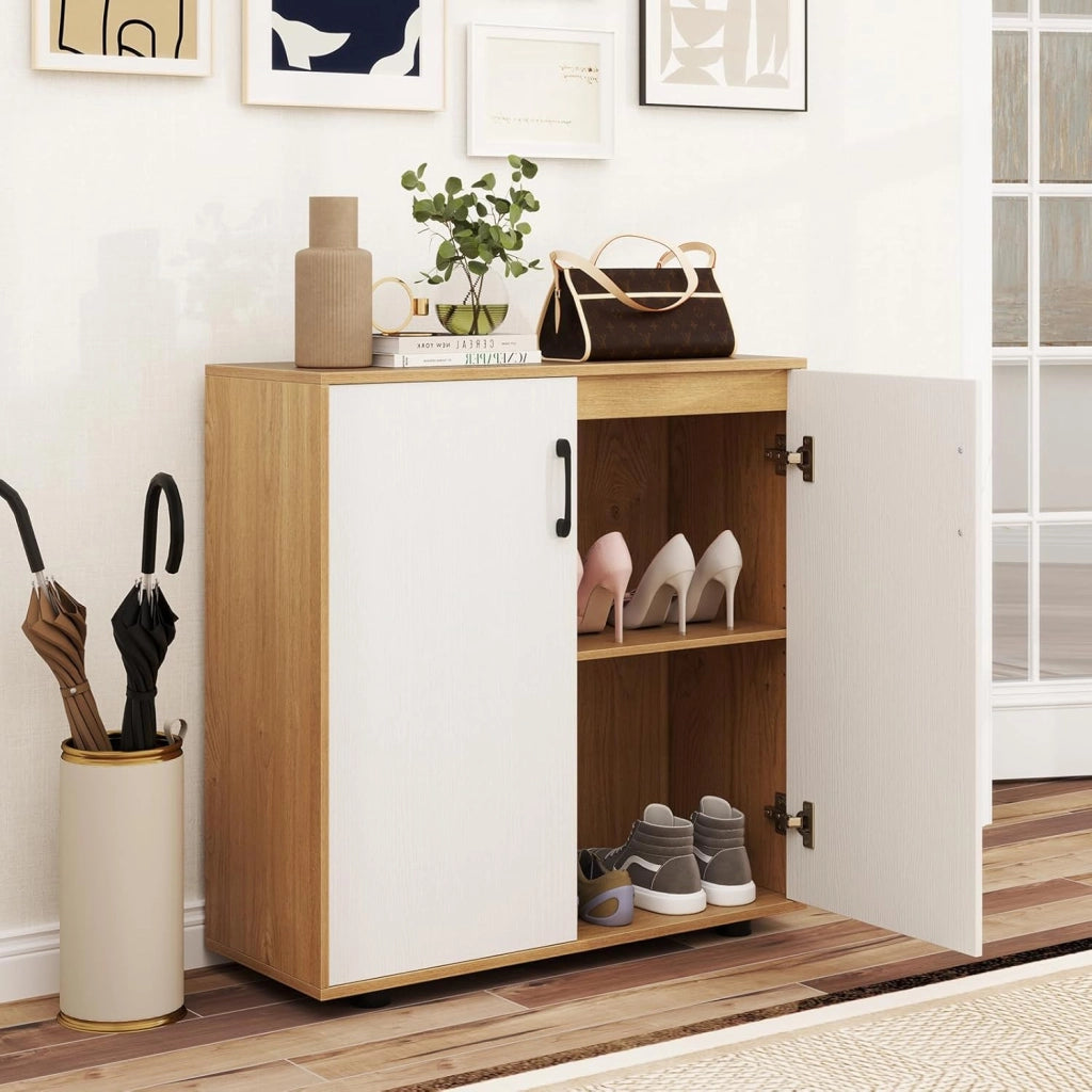 Credenza Bassa per Soggiorno con 2 Ante e Mensola Regolabile su 5 Livelli, Mobile da Cucina Moderno in Legno, Mobiletto Salvaspazio per Salotto e Ingresso, 80 x 31,5 x 82 cm (Naturale)