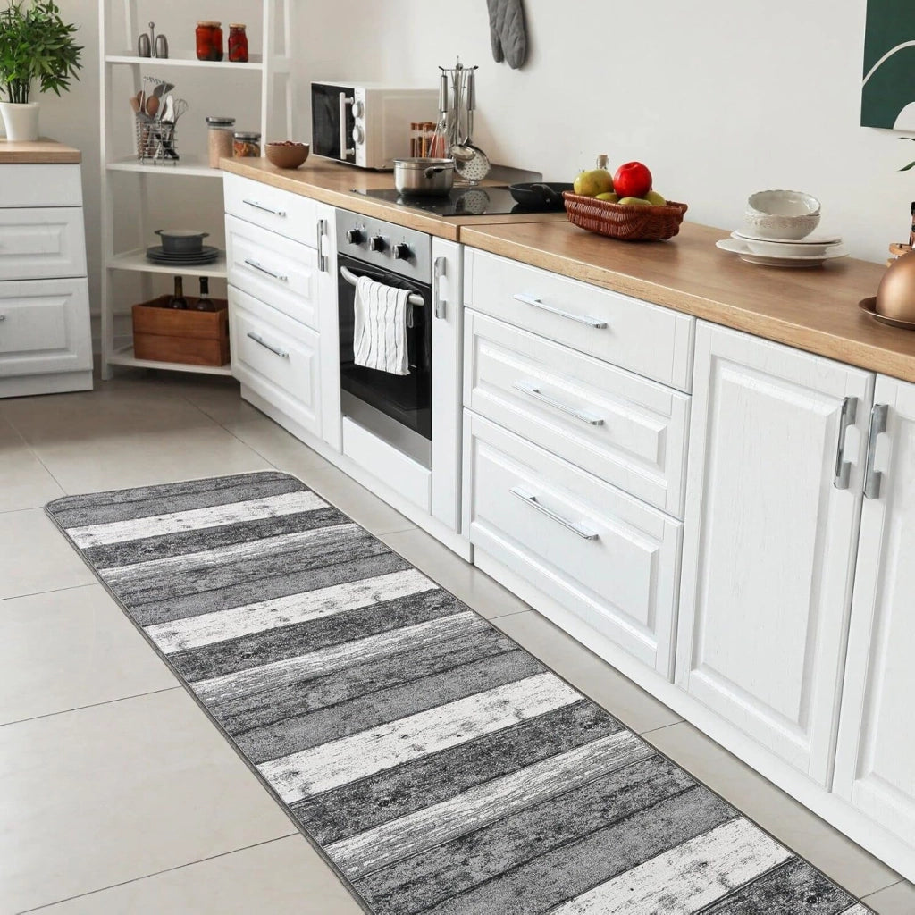 Tappeto Cucina 52x280 cm Bordato Tessitura Piatta Bagno Camera Corridoio Stile Legno Parquet Grigio