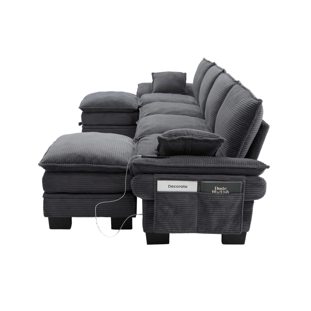 Divano modulare 4 posti ULEVR 330x132x84 cm con 2 pouf, USB-C e tasche laterali, velluto a coste grigio scuro