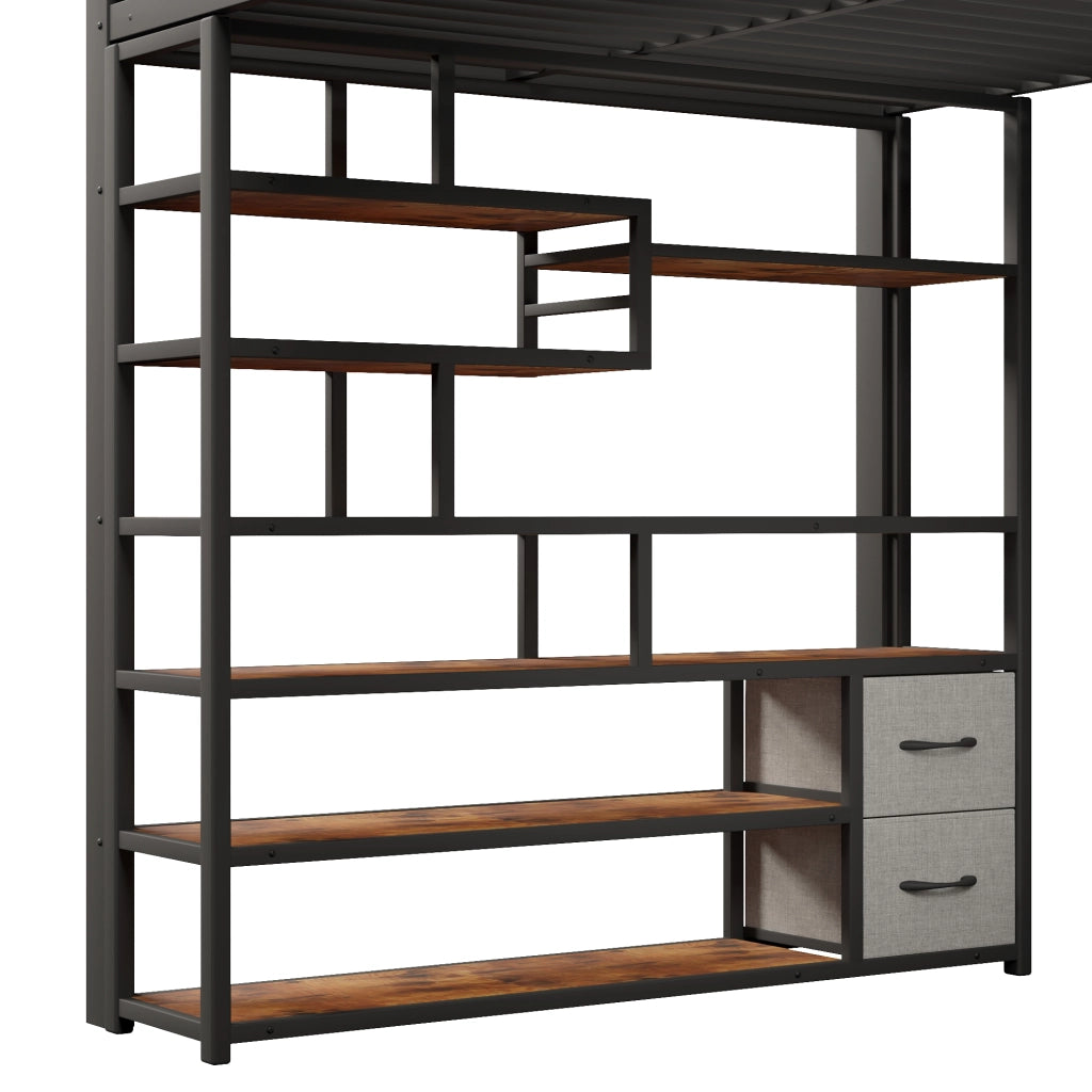 Letto a soppalco 140x200 cm con cassetti in tessuto; LED; ripiani e gradini integrati; metallo nero