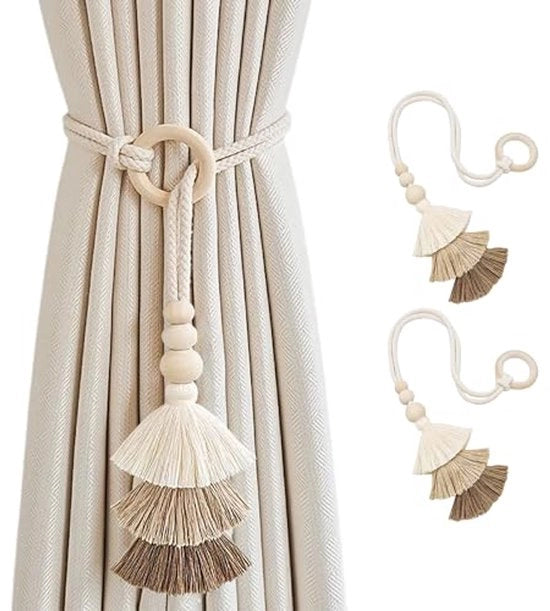 Gordino con pennelli, stile bohemiano, corda a due pezzi in legno manuale, accessorio per tenda, decorazione per parete, appoggio tenda, finestra da camera da letto.