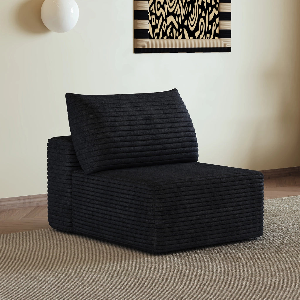 Divano modulare con chaise longue in tessuto nero, stile compatto salvaspazio