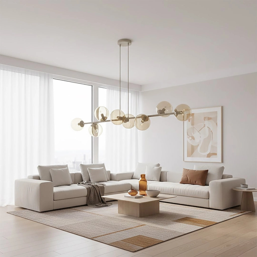 Lampada a sospensione Magnus in acciaio beige e vetro ambrato