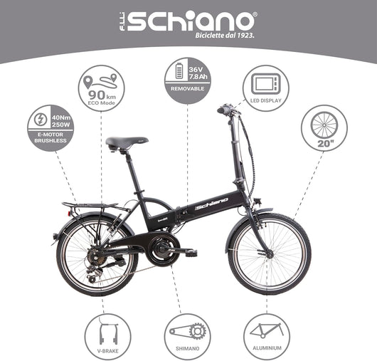 F.LLI SCHIANO E-SKY 20" E-Bike Pieghevole per Adulti con Motore 250W e 7 velocitÃ , Batteria al Litio 36V 7.8Ah estrai