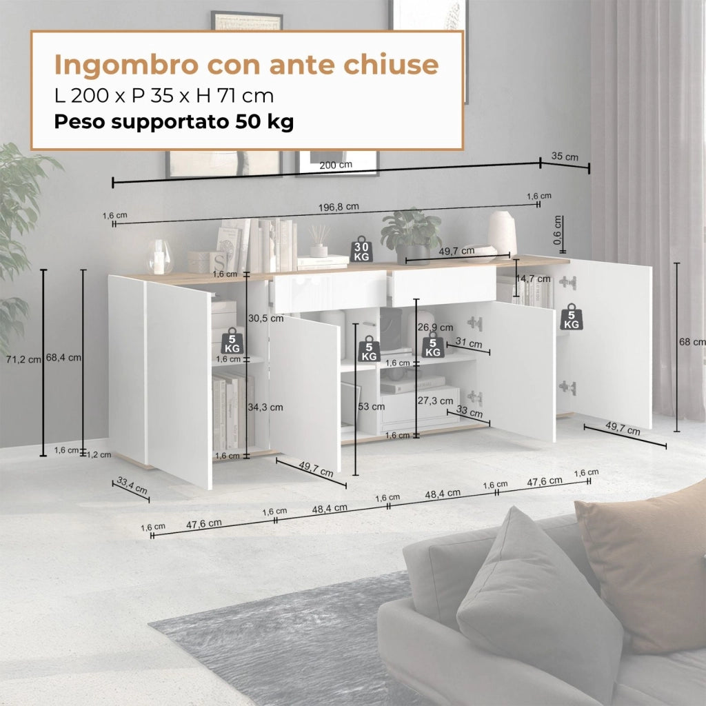 WHOUS Madia Garda a 4 ante e 2 cassetti bianco lucido e rovere 200x35x71 cm
