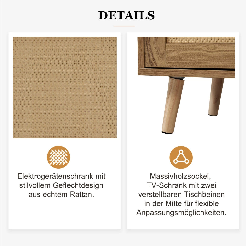 Mobile TV in rovere 200×37×49 cm con rattan sintetico e 2 cassetti