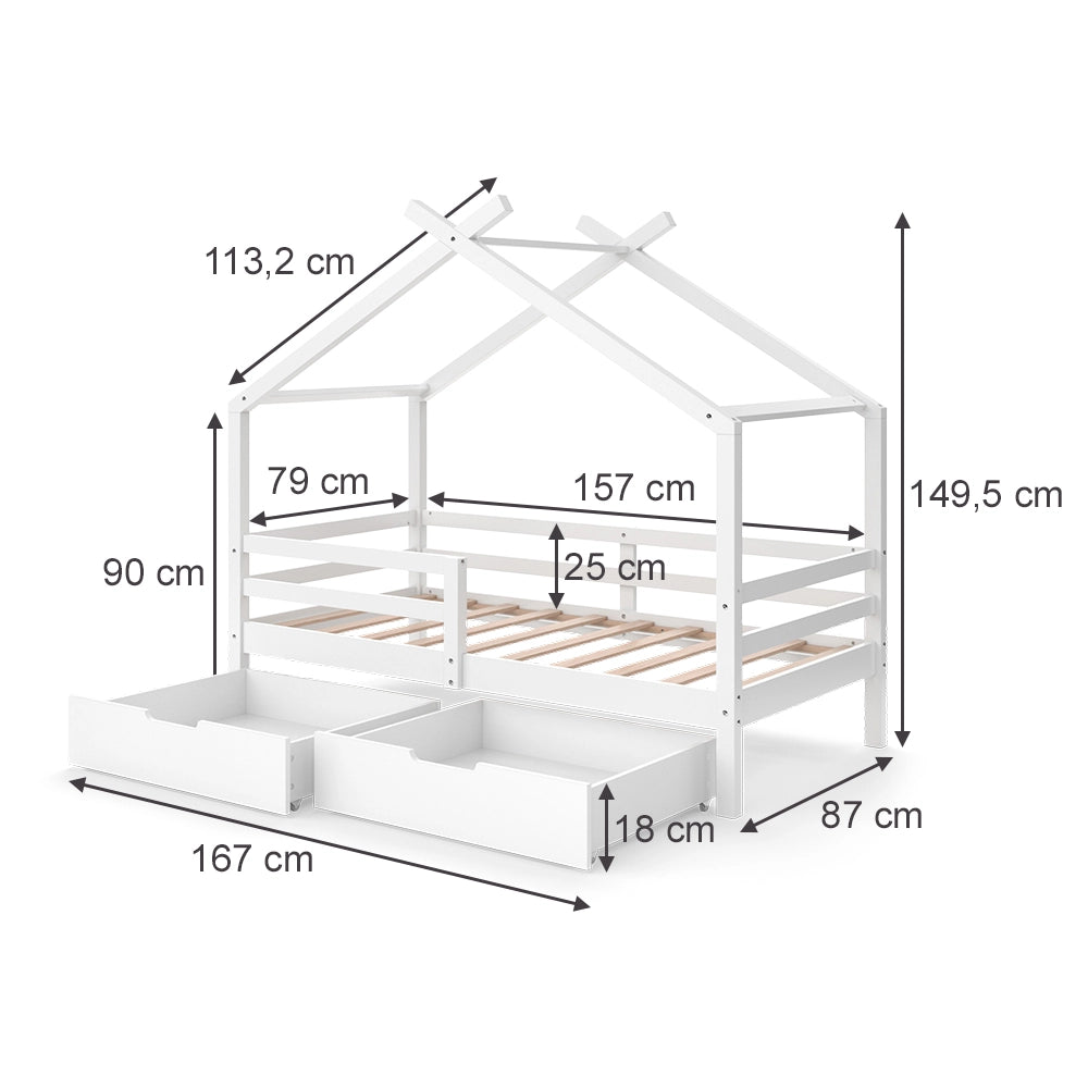 Vitalispa Letto montessori bambini Bianco 160 x 80 cm con scatole portaoggetti