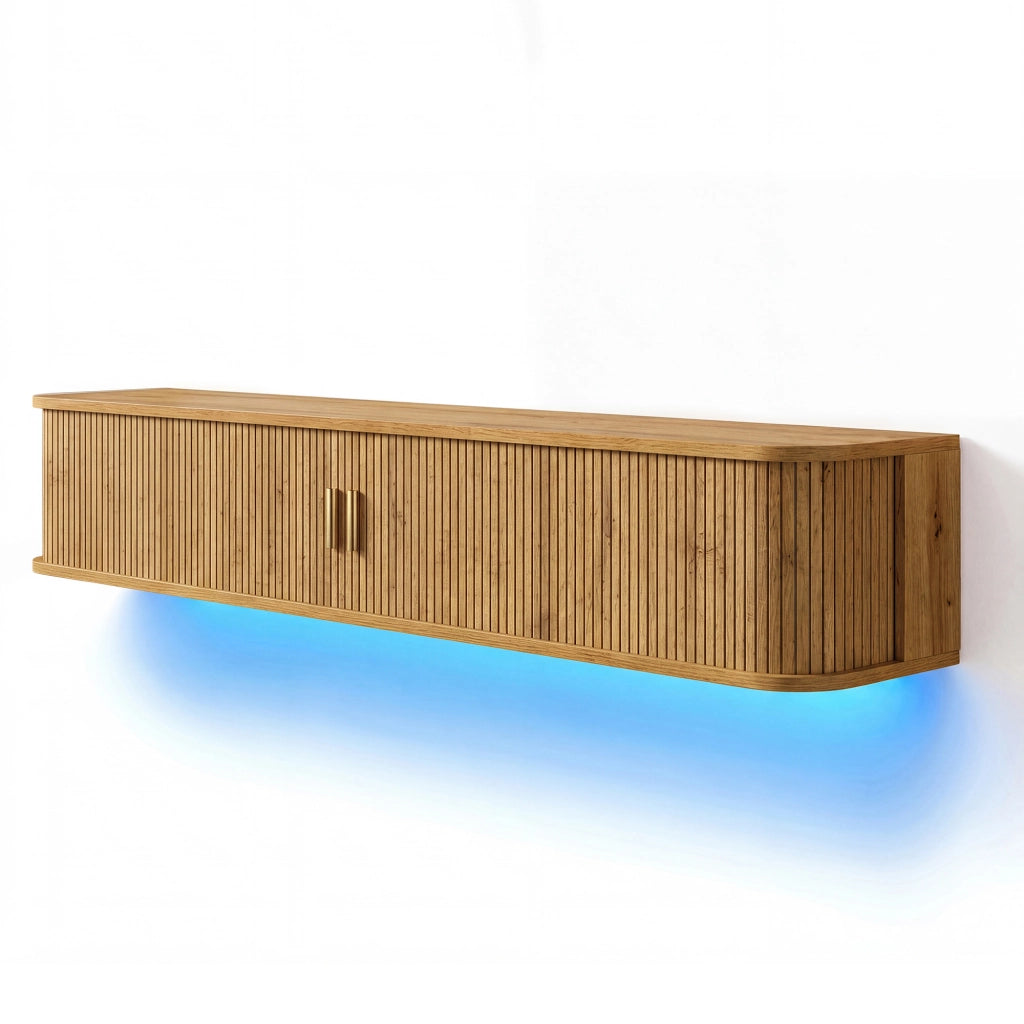 Mobile TV da parete, finitura effetto legno, illuminazione a LED regolabile tramite app, materiale MDF, colore del legno grezzo