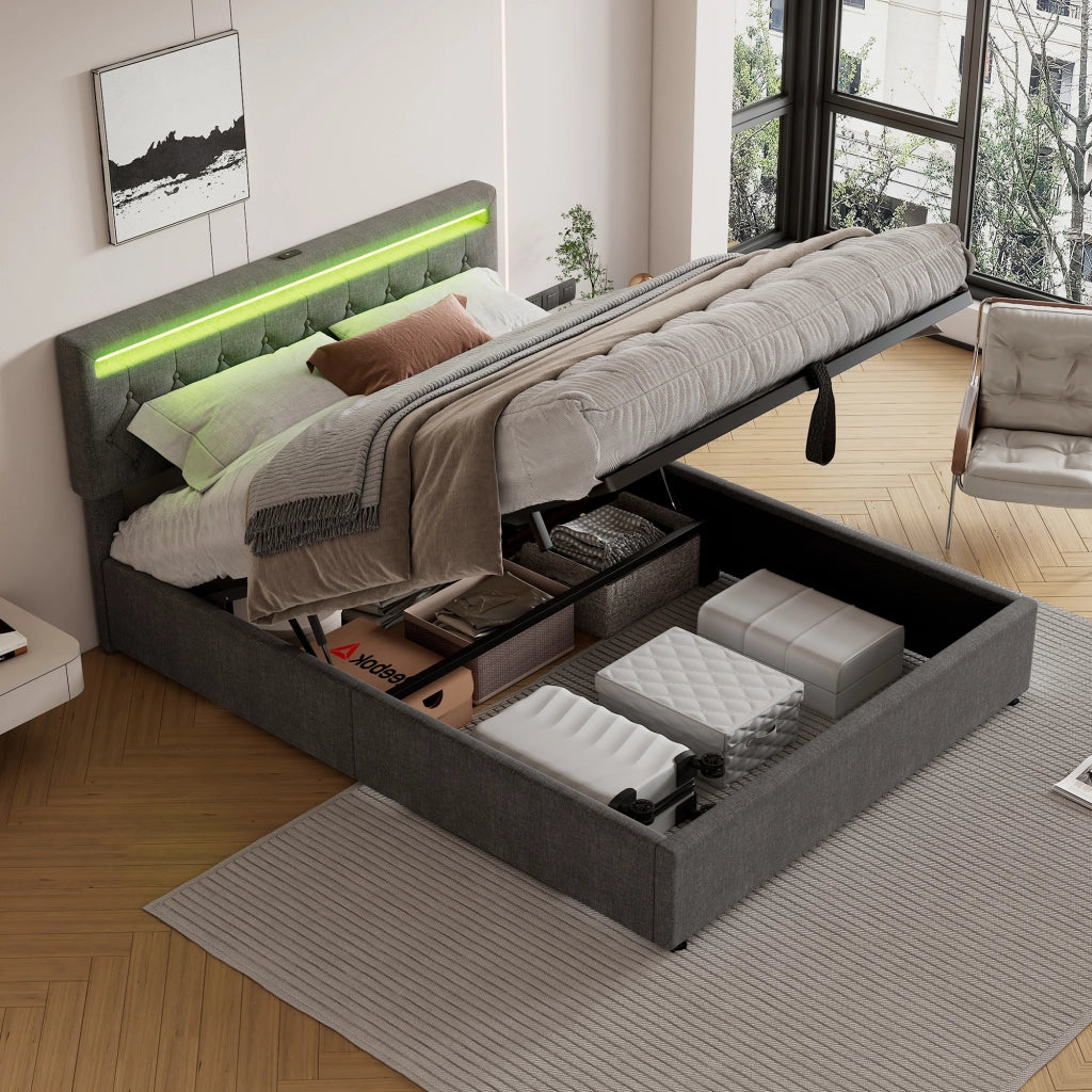 Letto imbottito matrimoniale 160 × 200 cm con contenitore sollevabile, led regolabile, usb e tipo-c, senza materasso, grigio
