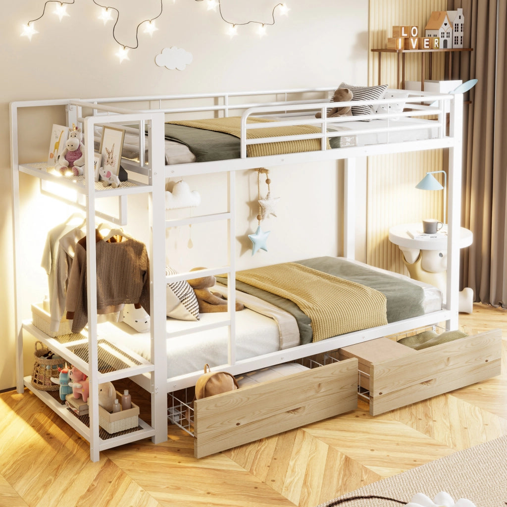 Letto a castello 90x200 cm in metallo e MDF; 2 cassetti; LED; bianco