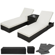 Set di due lettini prendisole in resina intrecciata in polyrattan nero + tavolo + due set di coperture + telo protettivo 08_0000505