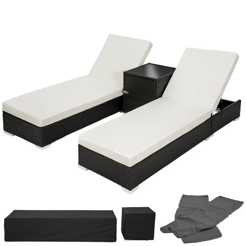 Set di due lettini prendisole in resina intrecciata in polyrattan nero + tavolo + due set di coperture + telo protettivo 08_0000505