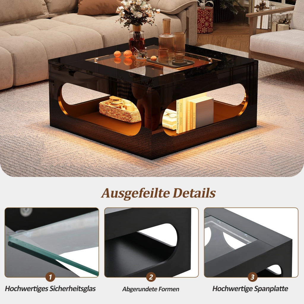 Tavolino da caffè con vano centrale e LED; per soggiorno; in MDF e vetro; 70×70×35 cm; nero