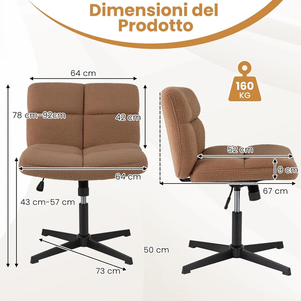 Sedia da Scrivania senza Braccioli, Sedia da Ufficio a Gambe Incrociate, Altezza Regolabile, Girevole a 360°, Tessuto Morbido, Ampia Seduta Imbottita, per Soggiorno Ufficio (Marrone)