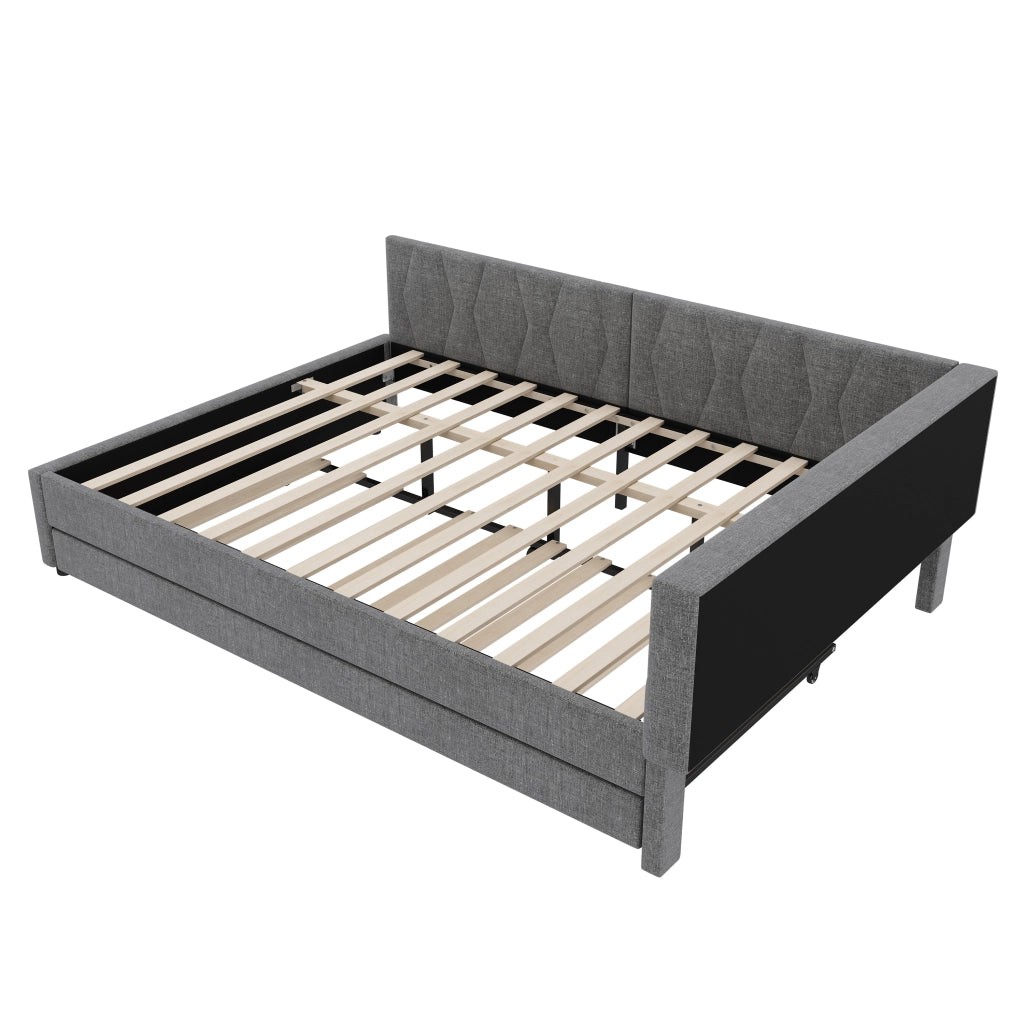 Letto estraibile 140x200 in lino e MDF grigio con rete a doghe; USB e luce LED