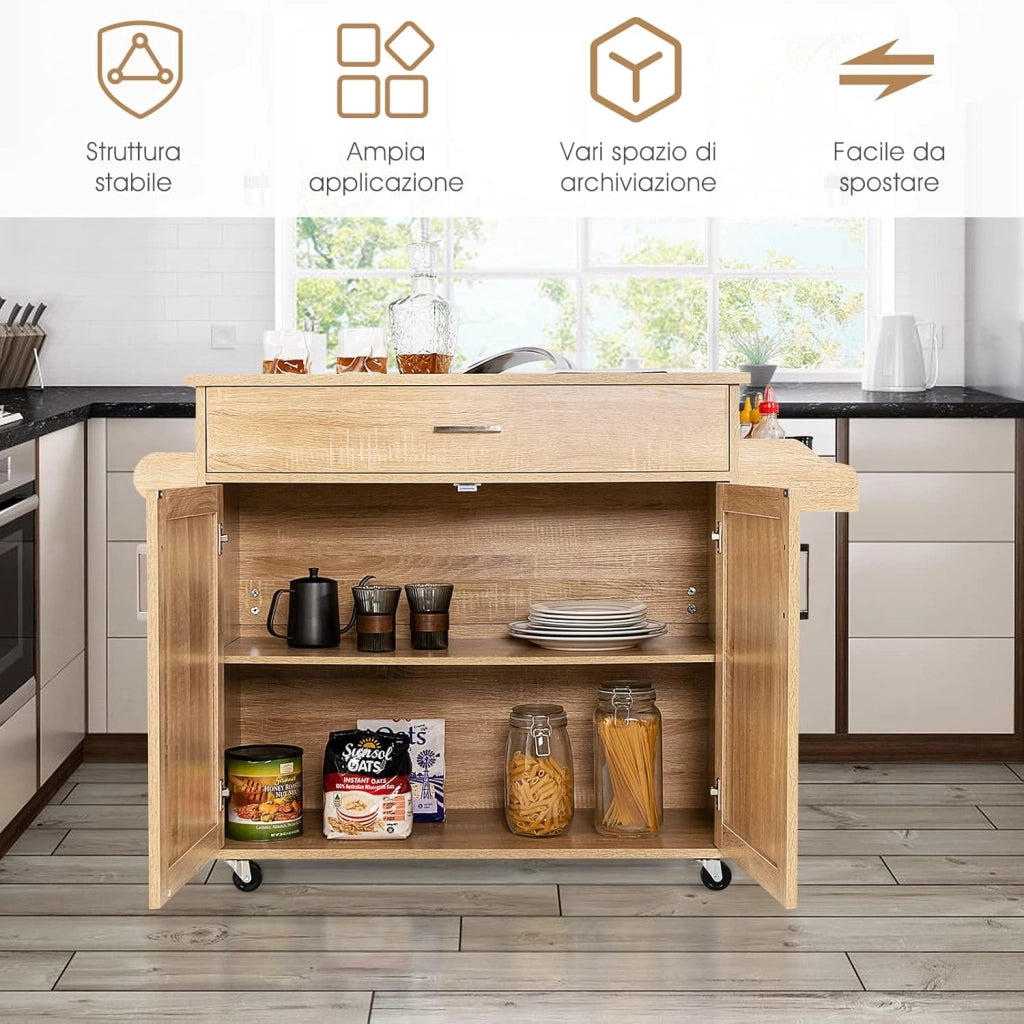 Carrello da Cucina con Ruote di Gomma, Scaffale per Microonde Carrello Servizio, Mobile Cucina con Ripiani e Ante, Credenza Cucina Legno Moderno Elegante, 116 x 37 x 85 cm (Naturale)