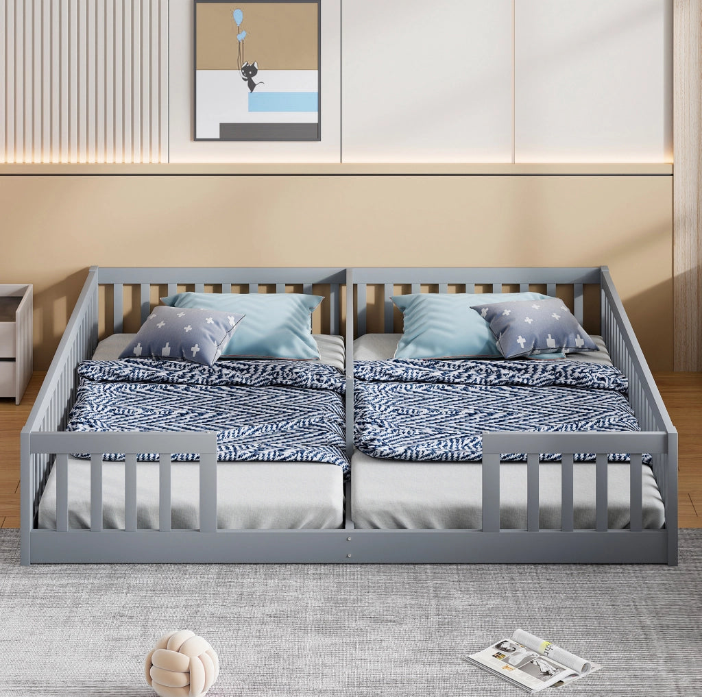 Letto a pavimento per 2 bambini 90 x 200 cm grigio con sponde di sicurezza