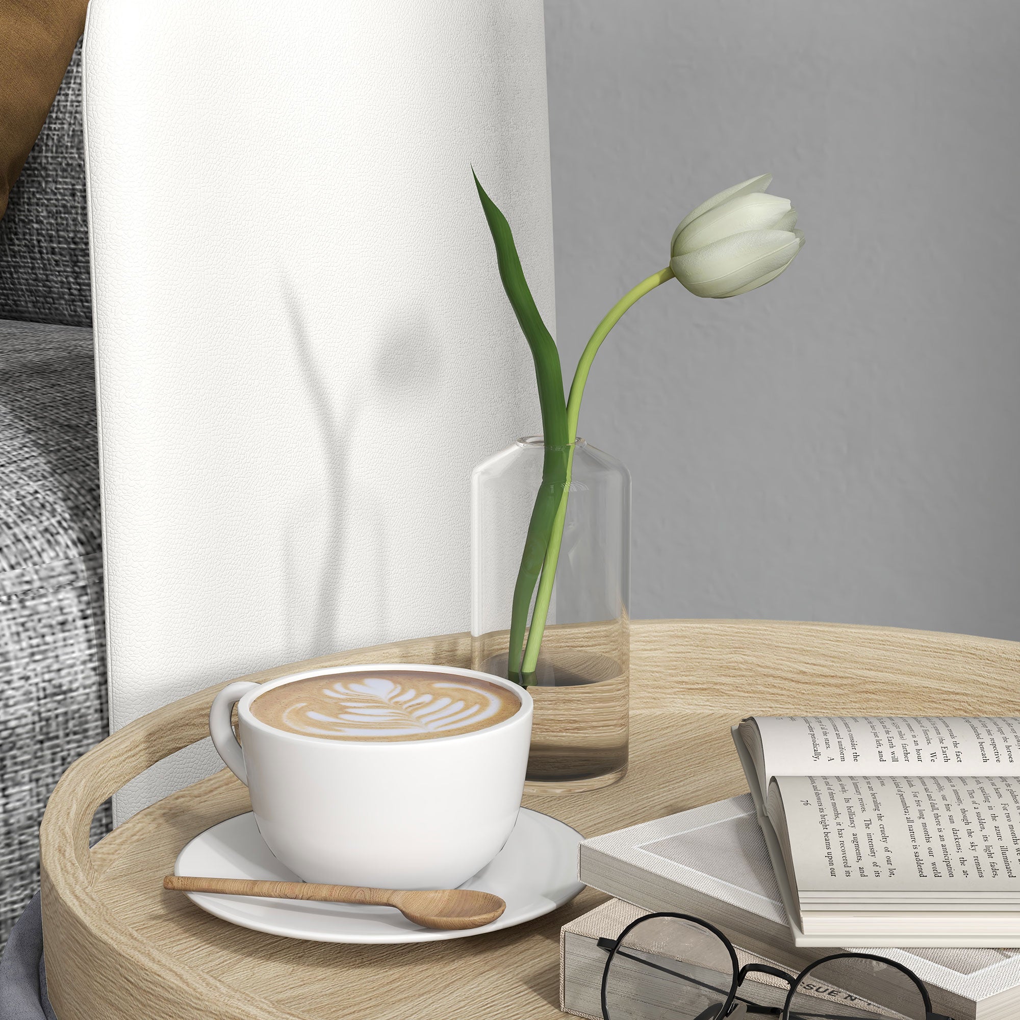 Pouf Contenitore Vellutato da 120 kg max 56x56x42 cm con Vassoio a Ribalta in MDF e Rovere Grigio