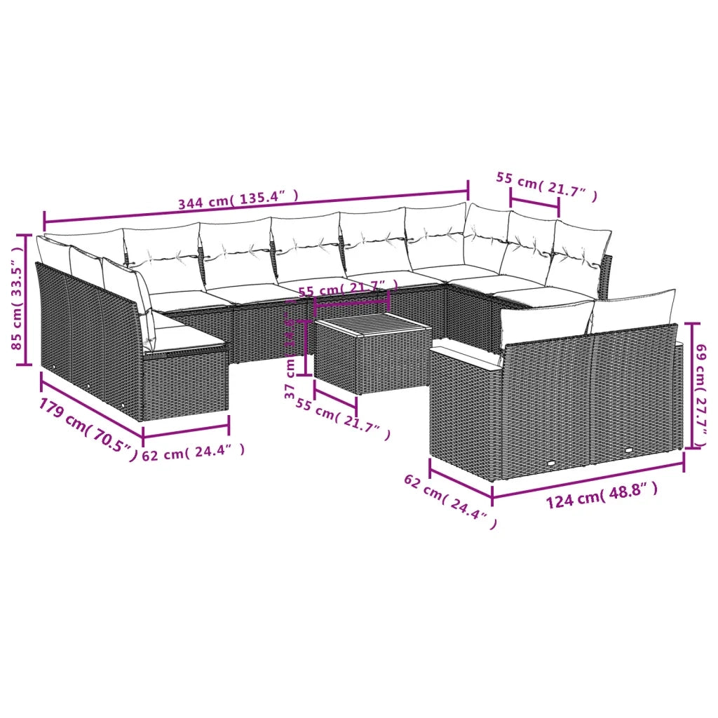 Set Divani da Giardino 13pz con Cuscini Nero in Polyrattan 3226448