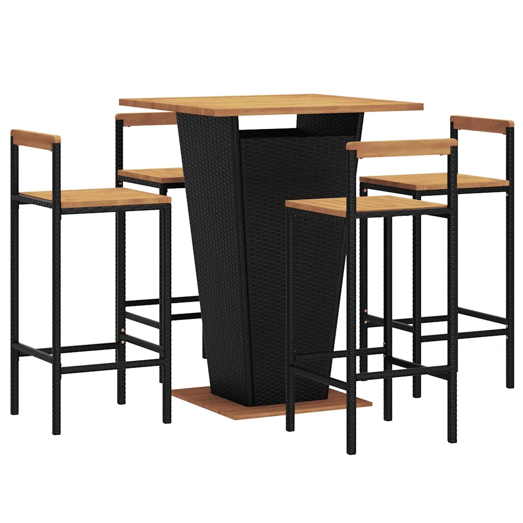 Set Bar Giardino 5 pz Nero Polyrattan e Legno Massello Acaciacod mxl 126412