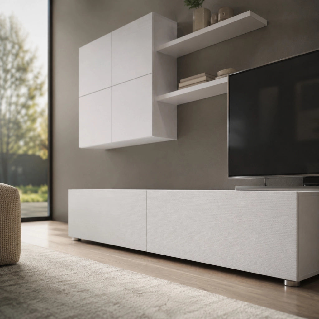 Mobile Soggiorno Parete Attrezzata Con Base TV 2 Ante Pensile 4 Ante E 2 Mensole Design Contemporaneo In Melaminico Facile Da Pulire 200 X 194 X 40 Cm Bianco Effetto Legno