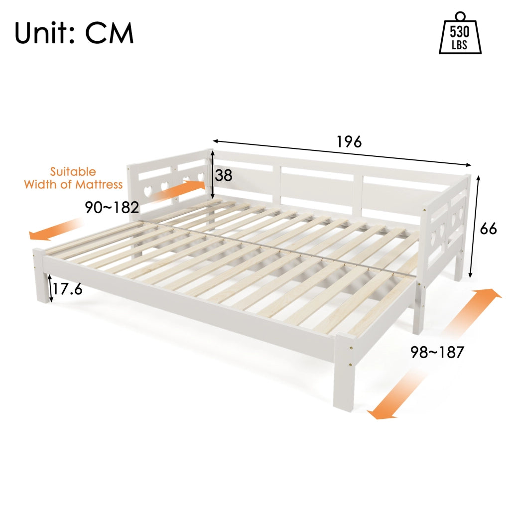 Daybed estraibile a cuore 90-182x190 cm in legno di pino e MDF bianco