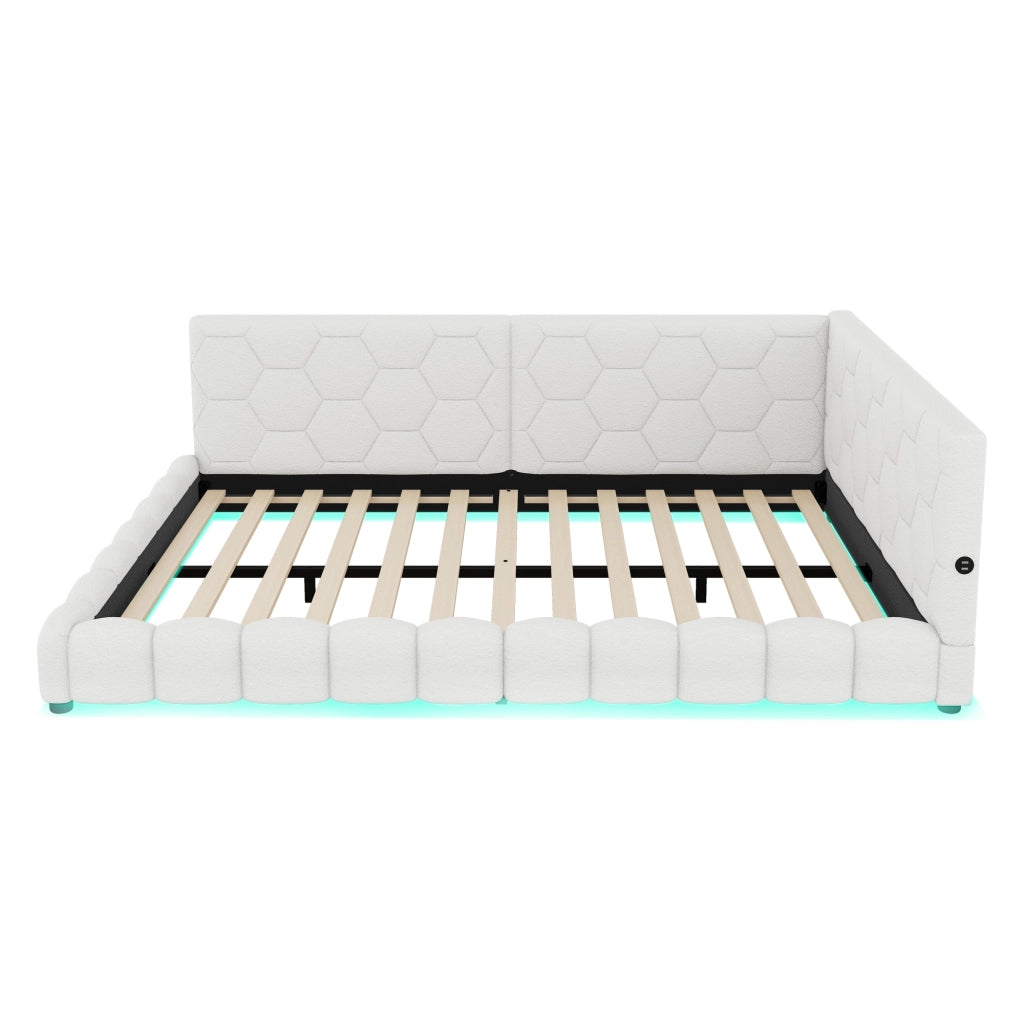 Letto matrimoniale 140×200 cm con LED regolabile; USB; Type-C e rete; senza materasso; velluto; bianco