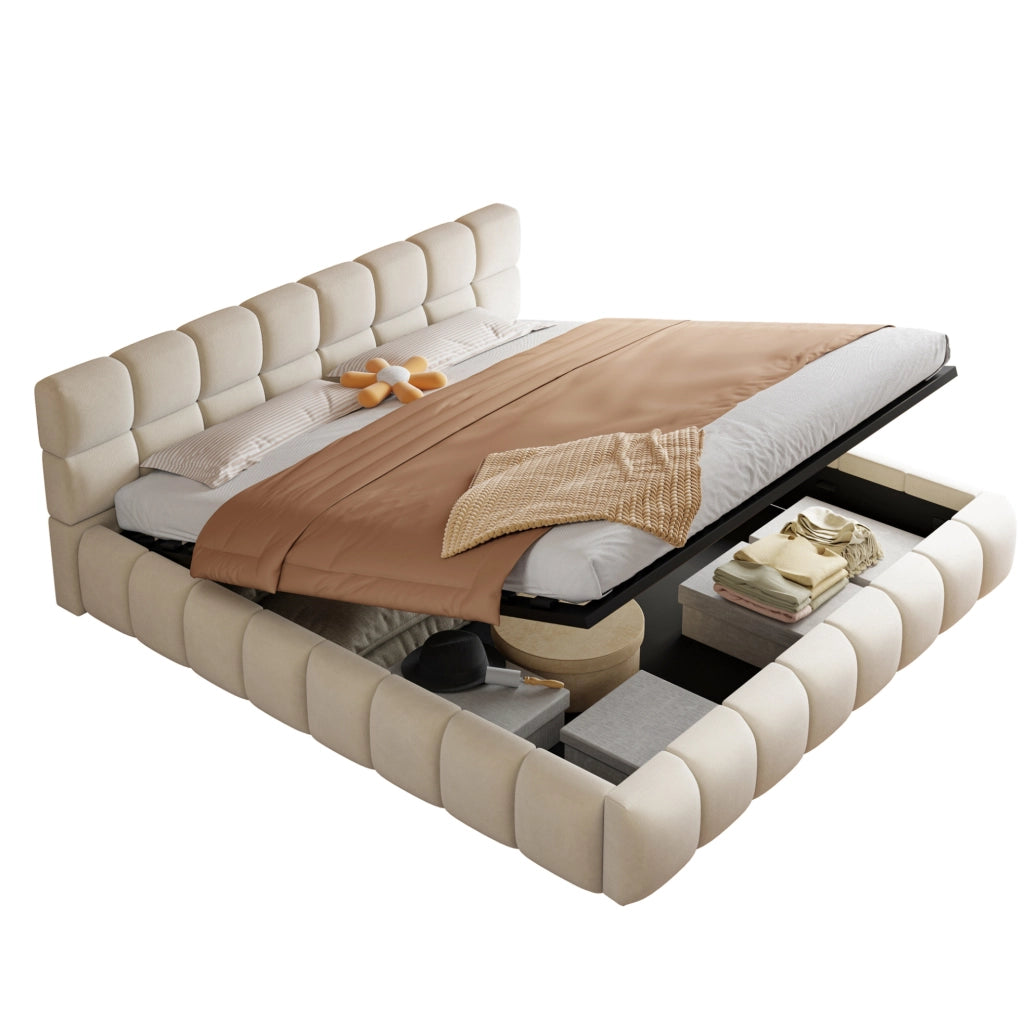 Letto imbottito 180x200 cm con contenitore idraulico e LED in velluto beige