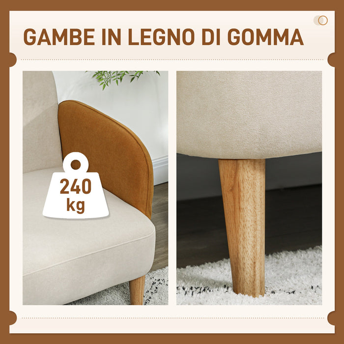 Divano 2 Posti Stile Nordico 138x73x74 cm in Tessuto Effetto Velluto e Legno Crema e Arancione