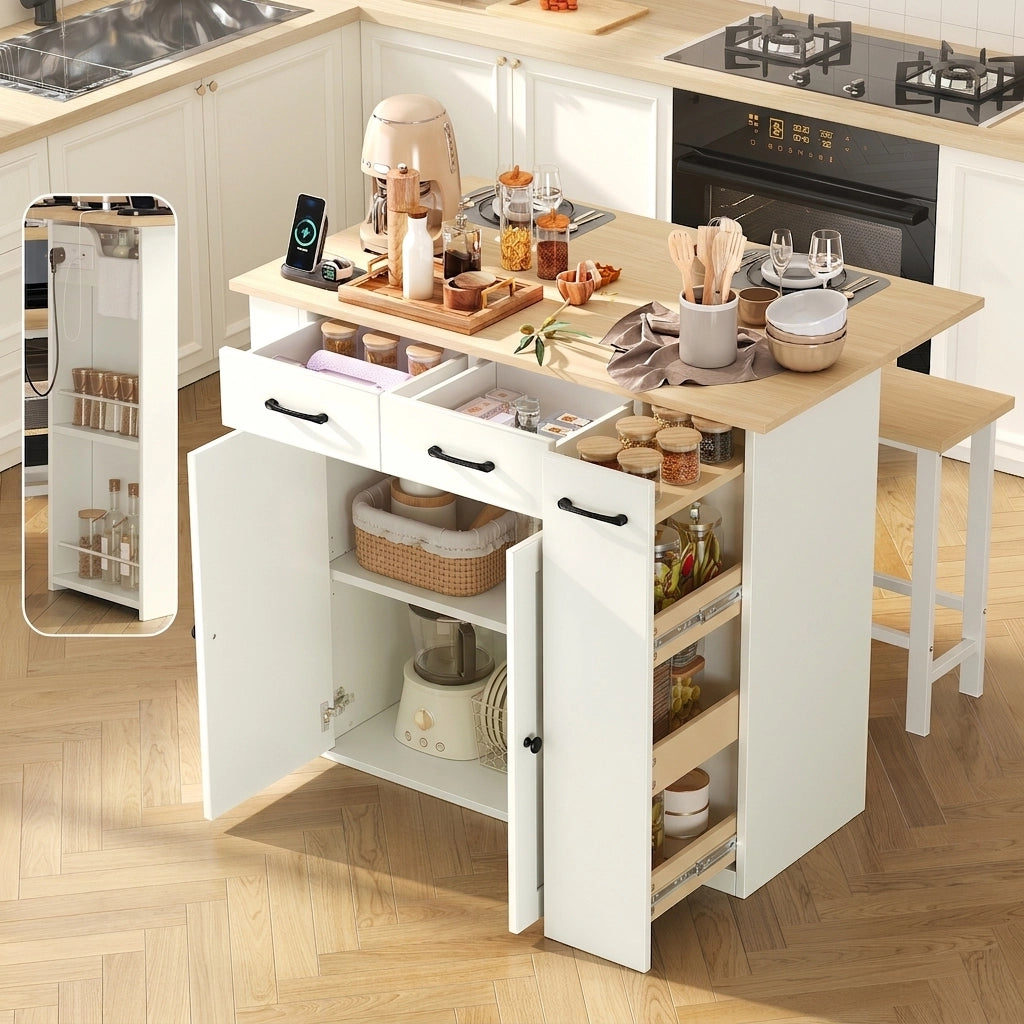 Isola Cucina con Tavolo Estensibile 120×45-75 cm; 2 Sgabelli; Ripiani Regolabili; Cassetti e Prese AC/USB Bianco