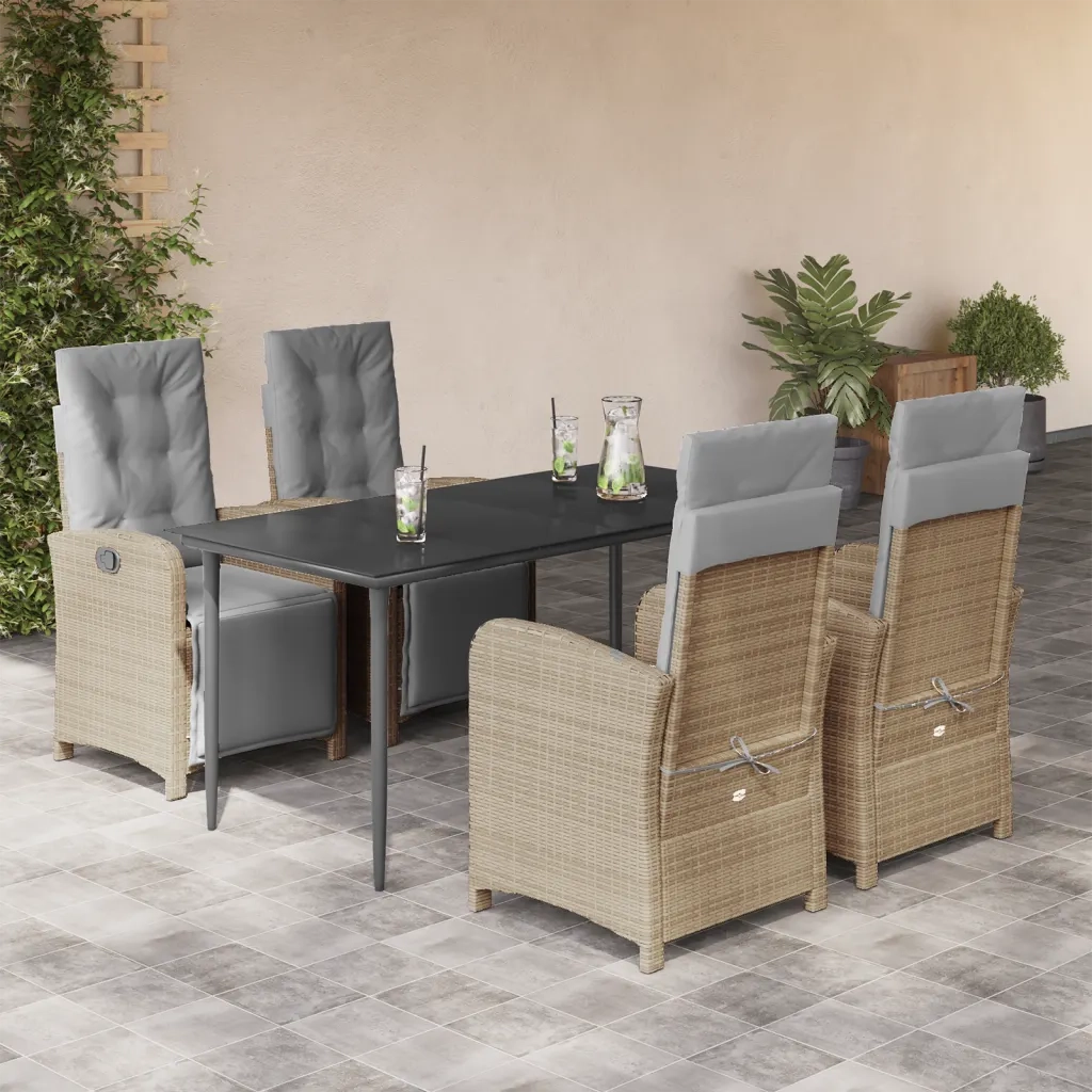 Set da Pranzo da Giardino 5 pz con Cuscini Beige in Polyrattan