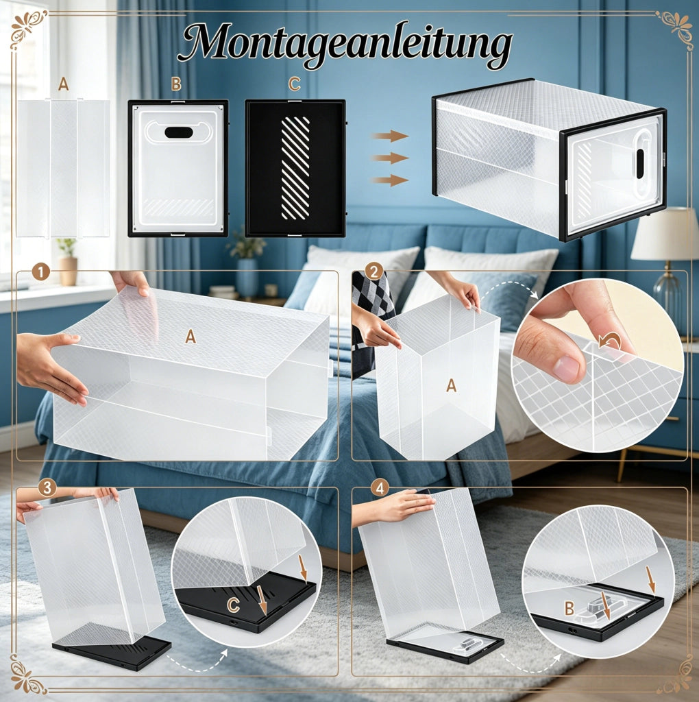 Set di 8 Scatole Impilabili per Scarpe in Plastica Trasparente e Nero 25x18,5x35,5 cm