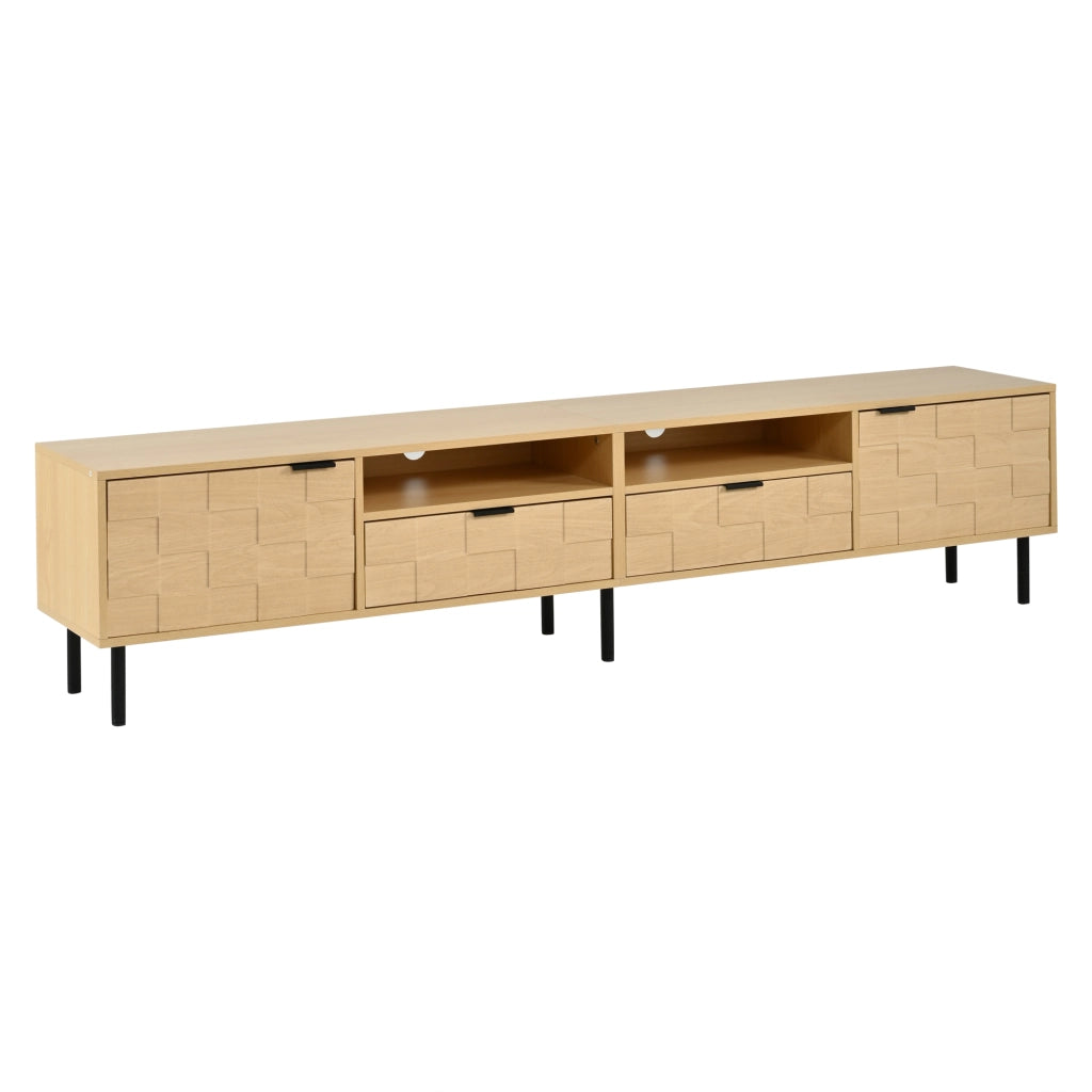 Mobile TV basso 200 cm in naturale, con 2 ante, 2 cassetti e 2 vani aperti, per TV fino a 80"
