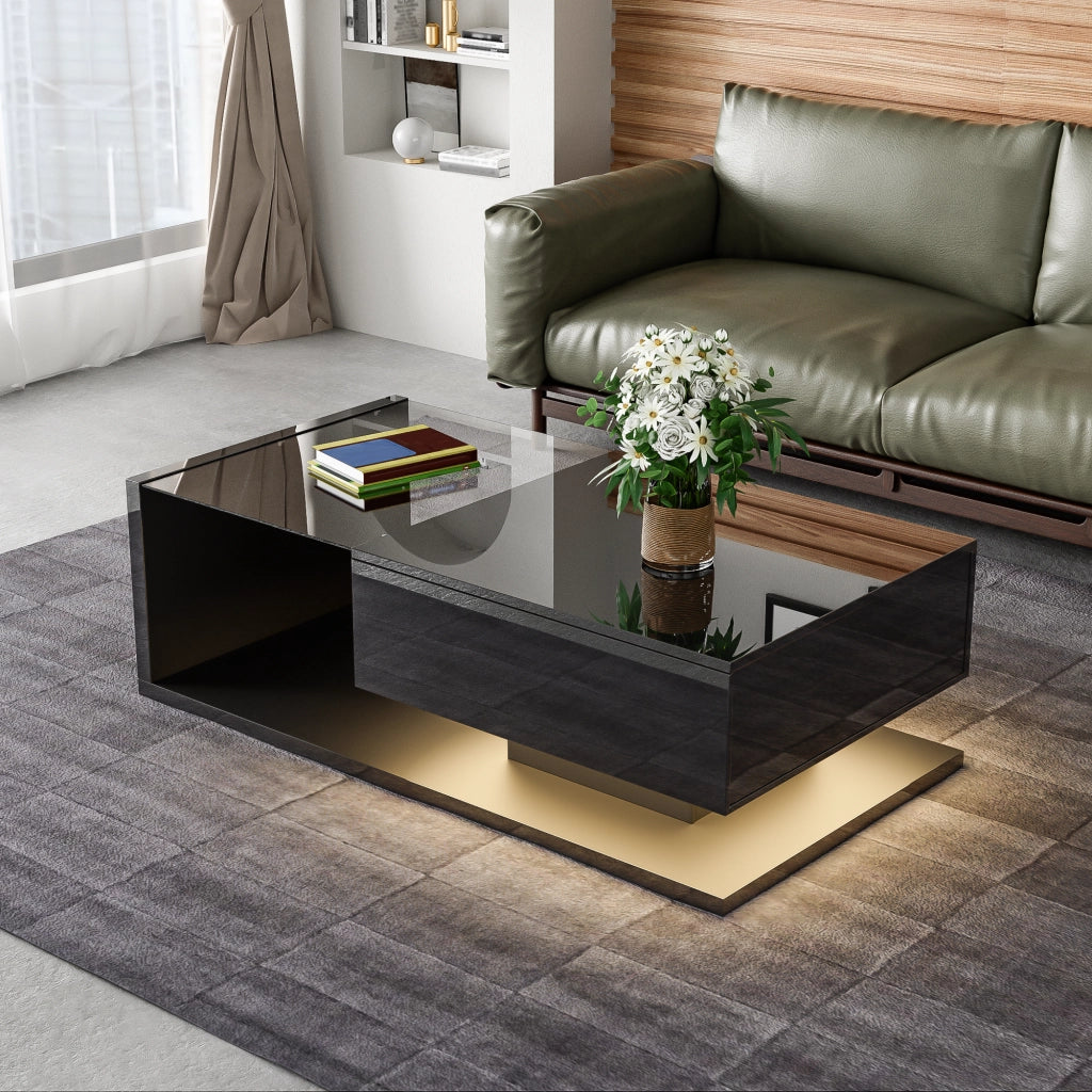 TAVOLINO DA SALOTTO 105x55x32,5 cm Nero Lucido con vetro e LED
