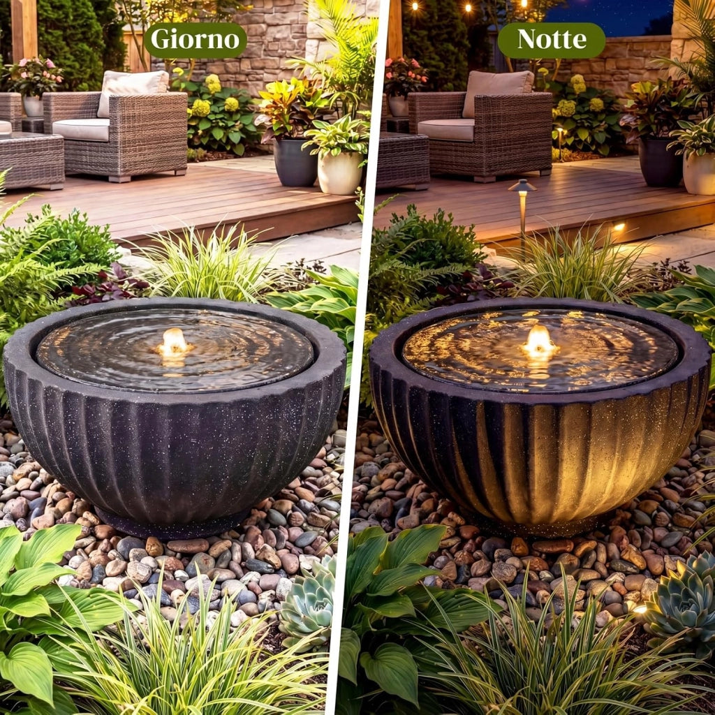 Fontana da Giardino, Fontanella Elettrica da Interno ed Esterno con Luci e Flusso d'Acqua Regolabile, Fontana a Forma di Ciotola con Effetto di Pietra da Terrazza e Balcone
