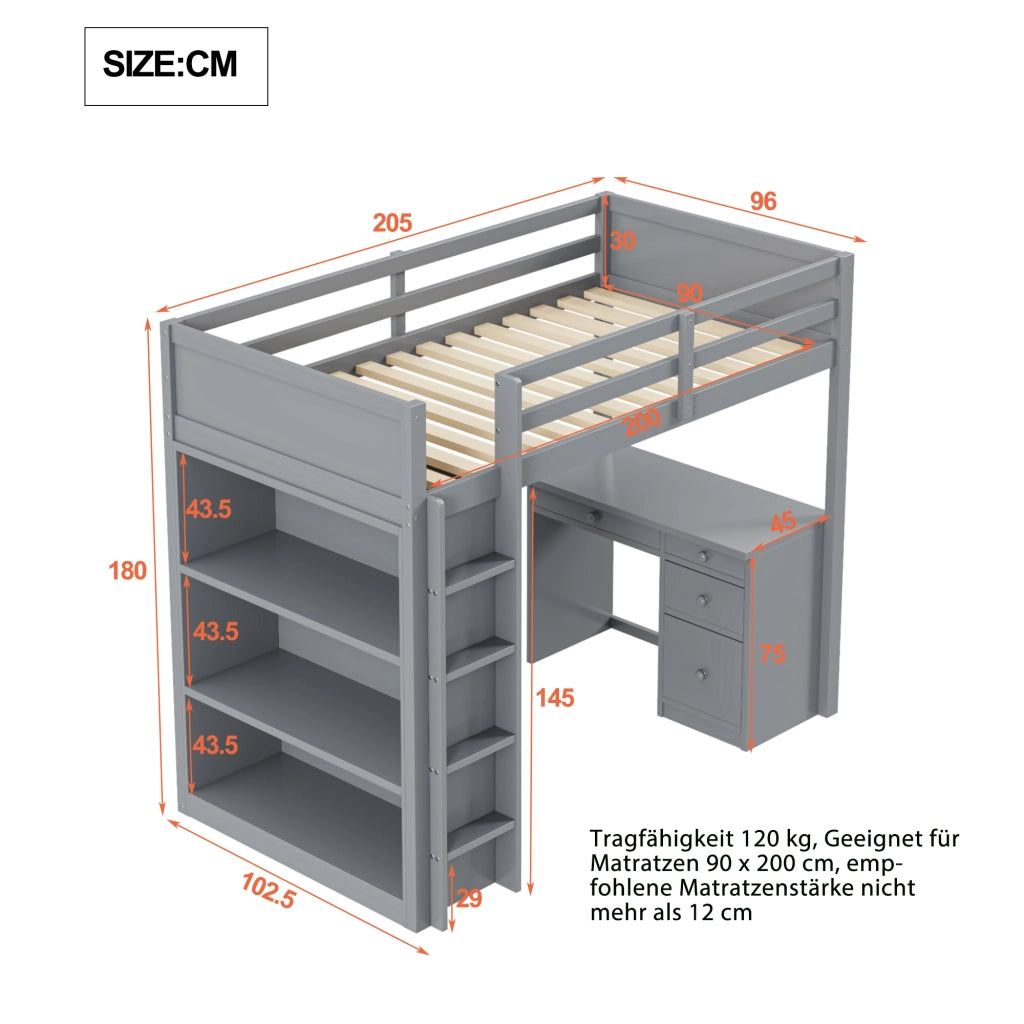 Letto a Soppalco con Scrivania e Contenitore ¨C MINIMAL ¨C Legno Grigio 90x200