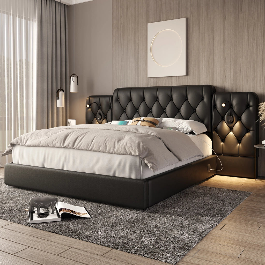 OKWISH Letto Contenitore 160×200 cm, Letto Matrimoniale con USB, Luci da Lettura e Contenitore, senza Materasso, in Ecopelle PU, Nero